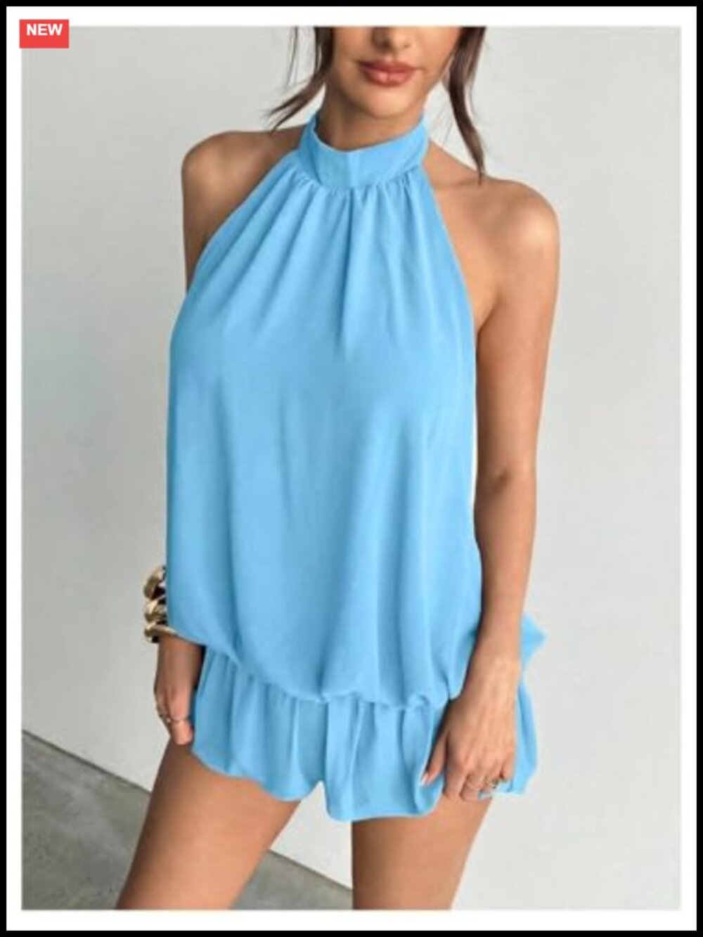 Halter Neck Open Back Ruffle Bubble Hem Mini Dress - Picture 2 of 4